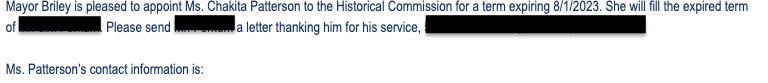 Email Mayor Briley is pleased to appoint Chakita Patterson to the Historical Commission